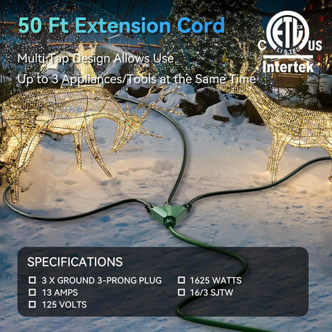 50 Foot Tough As Nails Extension Cord With Three Outlets, UL Listed, 16 3 SJTW, 13A 125V 1625W, Grounded, Indoor And Outdoor Use, Weather Resistant, Durable Plastic, Long Reach, Green
