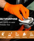 Front view: orange nitrile gloves with raised diamond texture, size XL, 100-count
