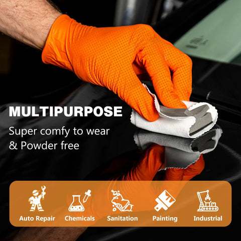 Front view: orange nitrile gloves with raised diamond texture, size XL, 100-count