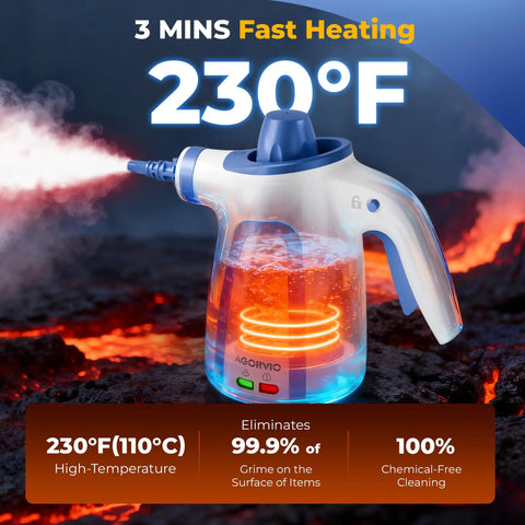 Tough Day Grime Handheld Steam Cleaner That Heats Up Fast With A 13 Foot Cord, showcasing steam output at 230°F for efficient cleaning.