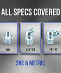 Top Tier Grease Fittings Kit With 100 Pieces Of Galvanized Steel Zerk Nipples Featuring Sae Metric Npt Styles In Straight 45 And 90 Degree Configurations Perfect For Auto Tractors Machinery Heavy Equipment And Daily Garage Jobs Under Any Conditions, SAE and metric sizes