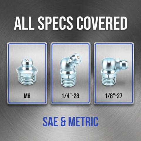 Top Tier Grease Fittings Kit With 100 Pieces Of Galvanized Steel Zerk Nipples Featuring Sae Metric Npt Styles In Straight 45 And 90 Degree Configurations Perfect For Auto Tractors Machinery Heavy Equipment And Daily Garage Jobs Under Any Conditions, SAE and metric sizes