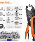 All In One Heavy Duty Snap Fastener Tool Kit With Three Dies And Forty 15mm Stainless Snaps Plus Two Rubber Rings For Boat Covers Tarps Canvas And Leather Installations And Quick Fixes, including tool with orange handle, dies, and snaps.