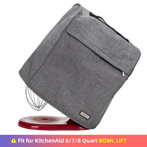 Gray Stand Mixer Dust Cover With Zipper Pocket For 6 To 8 Quart Bowls on KitchenAid with visible top handle