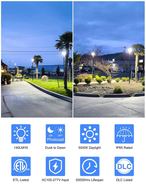 Adjustable 60W LED Post Top Light With 36W 48W 60W Wattage illuminating street and garden at dusk or night, 5000K, IP65.
