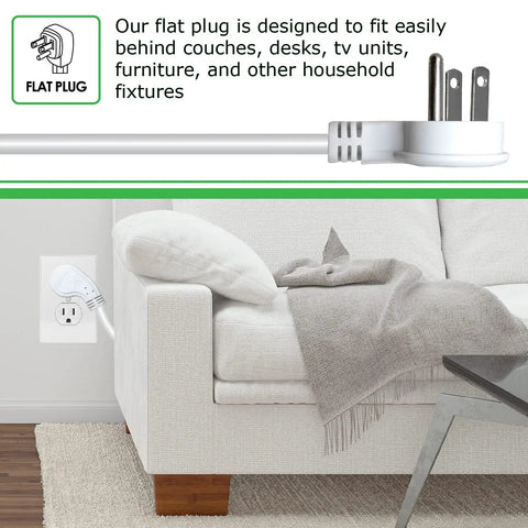 Eight Outlet Surge Protector Power Strip With 25 Foot Flat Plug 4200 Joules behind sofa, showing flat plug in wall outlet