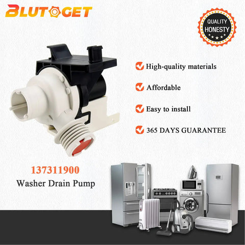 Upgrade Washer Drain Pump 137311900 137240800 for Frigidaire Electrolux shown with appliances, text highlights features