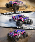 Off Road Pink RC Monster Truck For Girls 1 To 18 Scale 4WD Car With Dual Rechargeable Batteries Adjustable Top Speed Up To 40 Kilometers Per Hour Super Fun Gift For 8 9 10 11 12 Year Olds showcased in action on sand and water.