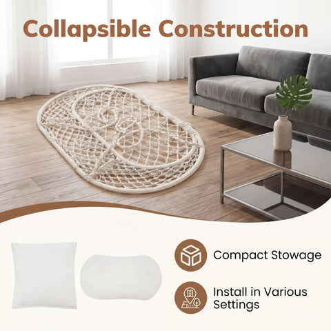 Folded Double Hammock Chair With Cushions For Indoor And Outdoor Hangouts Boho Macrame Swing Seat on a living room floor