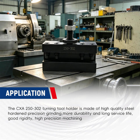 CXA 250 302 Quick Change Turning Tool Holder for CNC Lathes with 13 to 18 Inch Swing displayed on a metal table in workshop