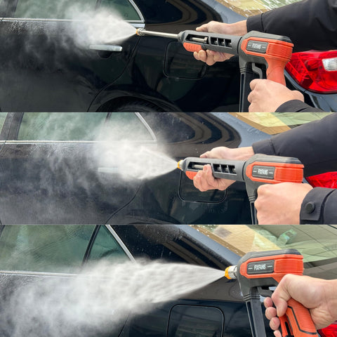Beast Mode 5000 PSI Pressure Washer Gun Kit spraying water on vehicle with Wand Extension and 5 Nozzle Tips M22 Fitting in use.