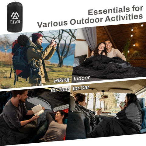 All Season Portable Sleeping Bag For Adults Teens And Kids Waterproof Lightweight shown in hiking, indoor, and car uses.