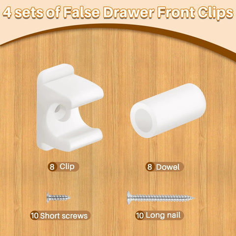 Image showing Eight Pairs False Drawer Front Clips For Cabinet Fronts With Screws Included, with dowels, nails, and screws on wooden background.