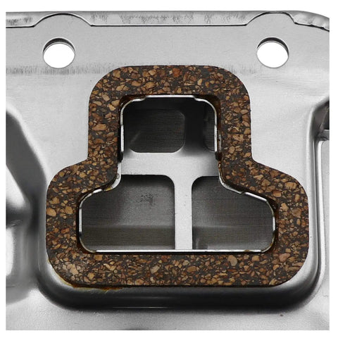 Close-up of Automatic Transmission Filter Kit With O Rings And Gaskets Complete Install Pack Includes Premium Rubber Pan Gasket OE Form And Function Use The Correct ATF For Your Transmission showing a metal component with cork gasket.