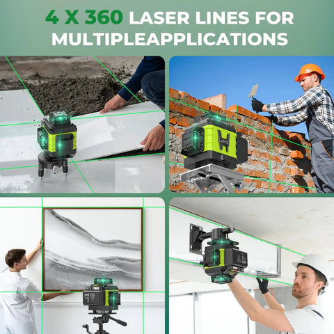 Pro Grade 16 Line Laser Level 360 Self Leveling With 4X360 4D Green Cross Lines in use for construction and tiling