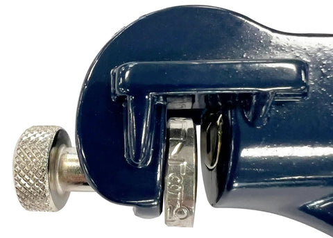 Close-up of Pro Grade Saw Tooth Setter For Wood Saws With Knurled Adjustment Screw For Extra Torque Rust Resistant Head.