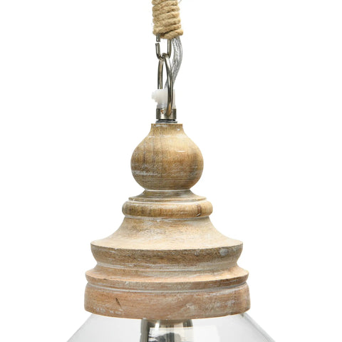 Top detail of Glass And Mango Wood Ceiling Pendant Light With Distressed Brown Canopy And Jute Wrapped Cord, 112 Inch Chain