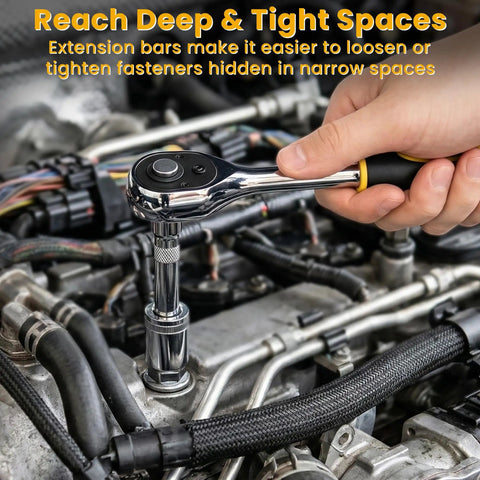 Mechanic using Three Eighths Inch Drive Impact Socket Set on car engine, showcasing extension bar from 30 Piece Metric Kit
