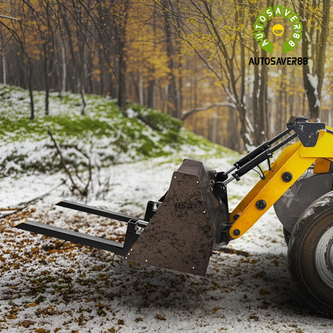 43 Inch Clamp On Pallet Forks For Tractor Bucket, Heavy Duty 2000Lb Quick Attach For Skid Steer Loader in snowy woodland