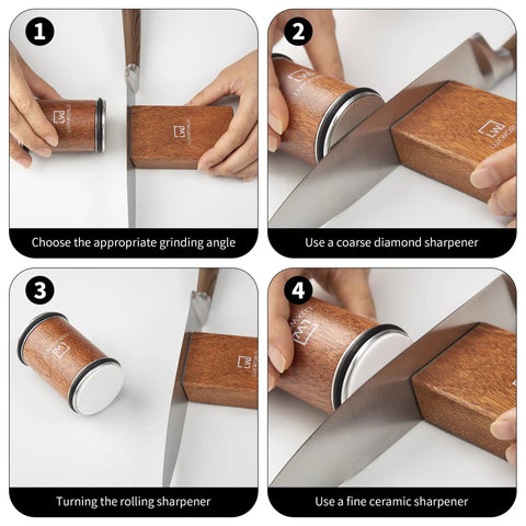 Step-by-step guide using Rolling Knife Sharpener With Diamond And Ceramic Disc Technology For Kitchen And Pocket Knives.