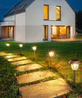 Six Pack Solar Pathway Lights Outdoor 25 Lumens Warm White 3000K IP65 Weatherproof Metal And Glass Landscape Lights illuminating path