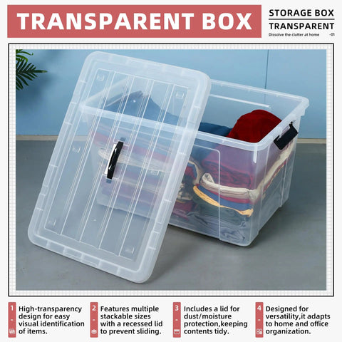 Two Pack 40 Gallon Heavy Duty Storage Bins With Smooth Rolling Wheels And Clinch Tight Lids, Clear Stackable Plastic Containers For Garage Setup, Built Tough And Zero Hassle with open lid and colorful clothes inside.