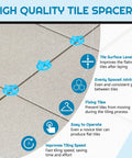 Blue cross-shaped tile spacers (3mm/1/8 in) on gray ceramic tiles; plastic levelers for even joints.