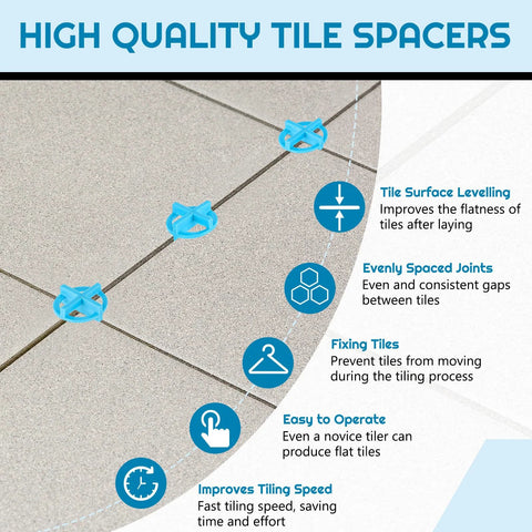 Blue cross-shaped tile spacers (3mm/1/8 in) on gray ceramic tiles; plastic levelers for even joints.