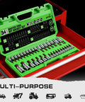 34 Piece Torx Bit Socket Set With Tamper Proof T6 To T70 Security Bits in green storage case in toolbox drawer.