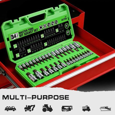 34 Piece Torx Bit Socket Set With Tamper Proof T6 To T70 Security Bits in green storage case in toolbox drawer.