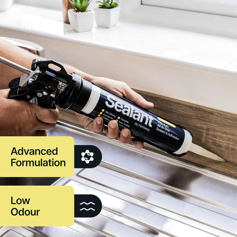 Person applying Light Gray Kitchen And Bathroom Sealant And Adhesive Hybrid Polymer That Outperforms Silicone Caulk Waterproof