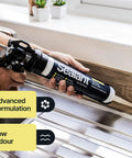Person applying Light Gray Kitchen And Bathroom Sealant And Adhesive Hybrid Polymer For Waterproof Odorless Paintable Caulk Alternative DIY Around Showers Tubs And Kitchens Underwater Friendly No Primer Needed 300ml Three Pack on kitchen surface