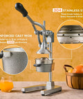 Manual Citrus Juicer Heavy Duty Cast Iron Press With Removable Strainer for oranges, lemons, grapefruit, and pomegranate, gray.
