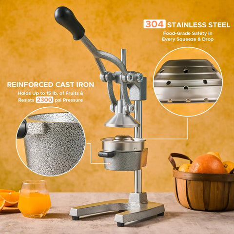Manual Citrus Juicer Heavy Duty Cast Iron Press With Removable Strainer for oranges, lemons, grapefruit, and pomegranate, gray.
