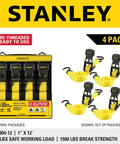 One Inch X Twelve Foot Ratchet Straps Four Pack Featuring Ergonomic Padded Grips And Heavy Duty Black Steel Clamps To Hold Things Lock Tight And Secure Gear With Zero Sweat, shown packaged and out of package.