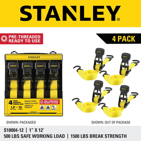 One Inch X Twelve Foot Ratchet Straps Four Pack Featuring Ergonomic Padded Grips And Heavy Duty Black Steel Clamps To Hold Things Lock Tight And Secure Gear With Zero Sweat, shown packaged and out of package.