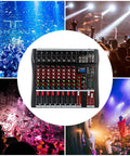 8-Channel Bluetooth Audio Mixer Console Pro USB DJ Mixing Board With Stereo 2-Track, central view with live performance scenes.