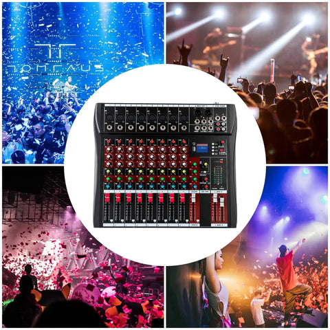 8-Channel Bluetooth Audio Mixer Console Pro USB DJ Mixing Board With Stereo 2-Track, central view with live performance scenes.