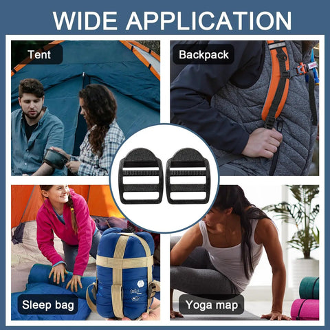 12 Pack 3/4 Inch Plastic Ladder Buckles for Backpack Straps, Slider Buckle Replacement Clips shown with camping gear use