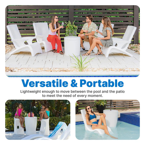 In Pool Shade Table With Built In Cooler And 9 Gallon Basin Lift Lid Umbrella Hole For 15 Inch Water Ledge White Finish Perfect For Sun Shelf And Poolside Lounging with people enjoying poolside in chairs.
