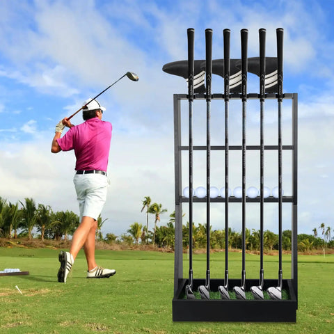 Solid Wood Golf Putter Stand And Club Organizer With 36 Ball Tray Room For 6 Clubs And 3 Head Covers Indoor Outdoor Display rack on golf course