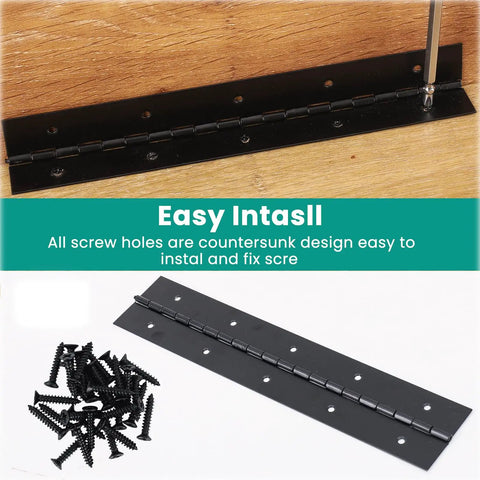 Workhorse Grade 2 Pack 12 Inch Black Heavy Duty Piano Hinge Continuous Stainless Steel Hardware For Gates Doors Shutters And Cabinetry, showing screw holes and installation detail.