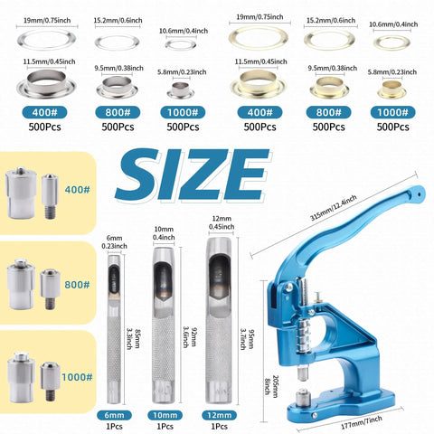 Heavy Duty Eyelet Grommet Tool Kit With 3 Dies And 3000 Grommets 6 10 12mm Hand Press Punch shown with grommets and sizes.