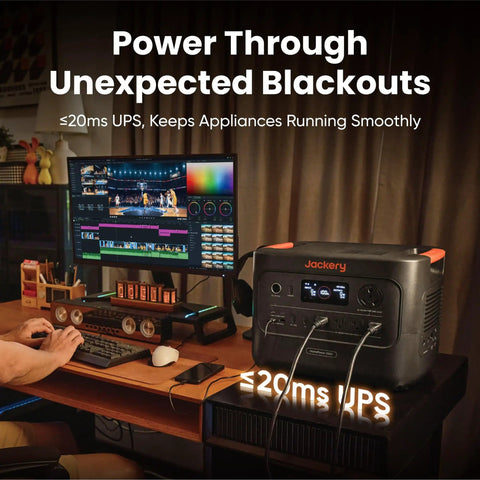 HomePower 3000 Portable Power Station with computer setup, showing UPS feature in home office