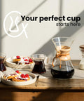 Natural Half Moon Coffee Filters 100 Count FP2N Conical Design in use with Chemex 3 cup brewer on a table with breakfast setup