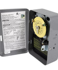 Open view of Heavy Duty 24 Hour Mechanical Timer Switch 120 Volt SPST for lights, pumps, and fans in metal enclosure showcasing manual override.