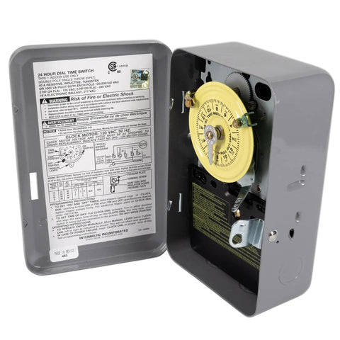 Open view of Heavy Duty 24 Hour Mechanical Timer Switch 120 Volt SPST for lights, pumps, and fans in metal enclosure showcasing manual override.