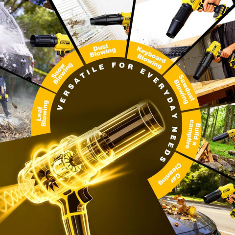 Cordless Leaf Blower For 20V Max Batteries versatile uses including leaf, snow, dust, and sawdust blowing shown in various angles.