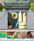 Heavy Duty 3 By 6 Ft Outdoor Storage Shed For Trash Cans And Bikes, Waterproof Garbage Can Organizer with chain lid open showing sports gear