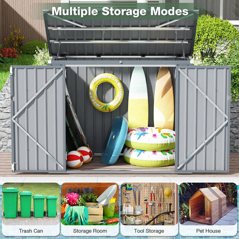 Heavy Duty 3 By 6 Ft Outdoor Storage Shed For Trash Cans And Bikes, Waterproof Garbage Can Organizer with chain lid open showing sports gear